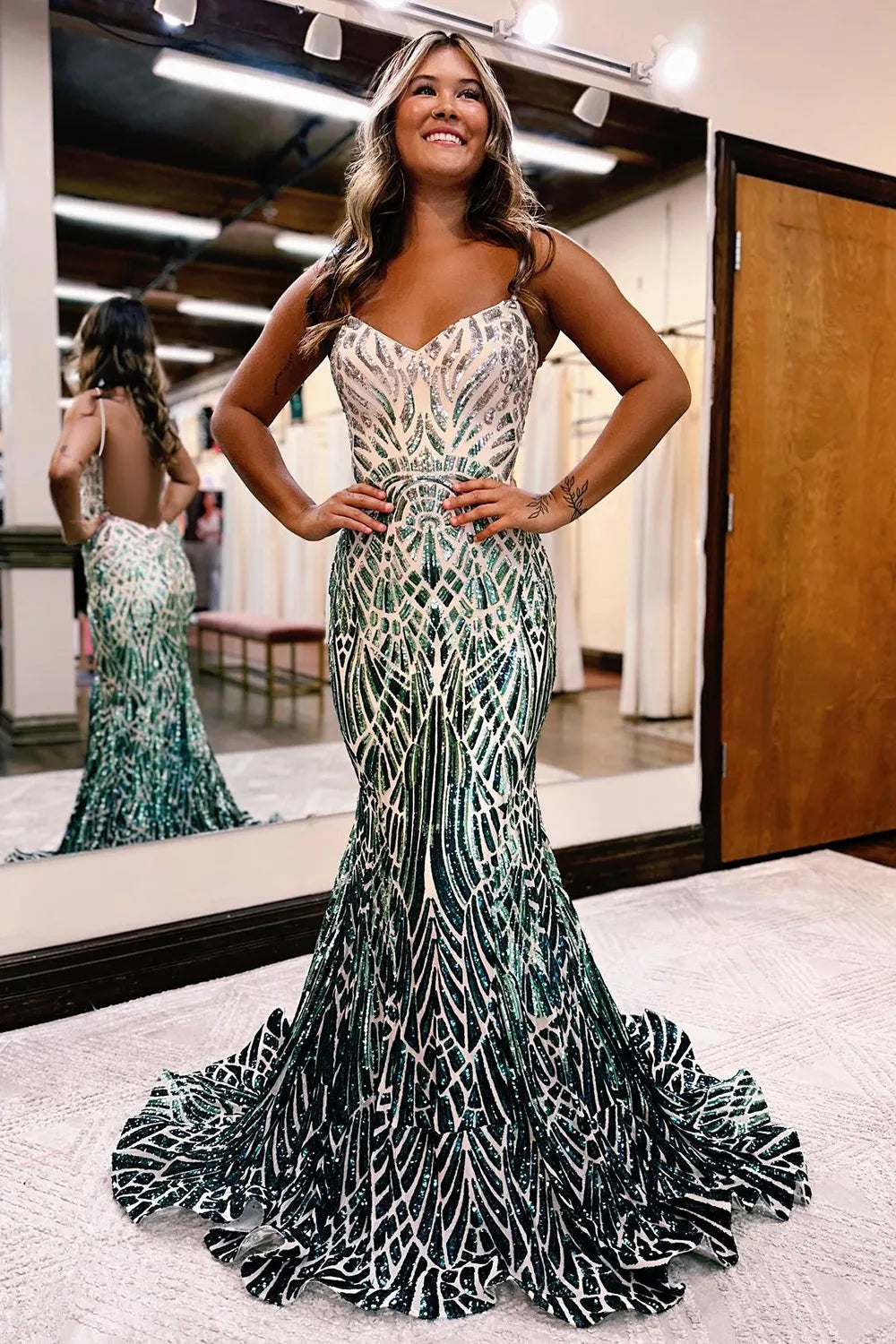 Wholesale Dark Green Sparkly Stylish Mermaid Backless Long Corset Prom Dress prom dresses with long sleeves